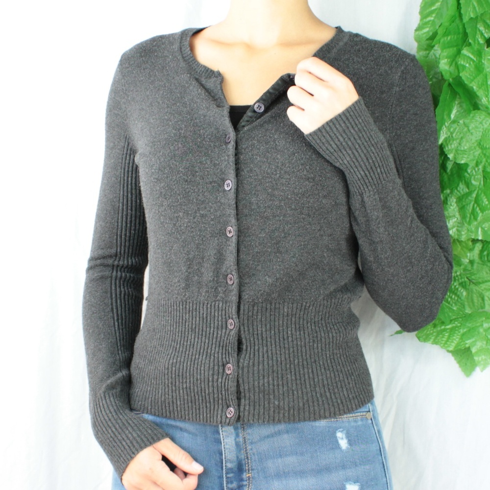 Express Ribbed Body-Con Button Down Cardigan Gray